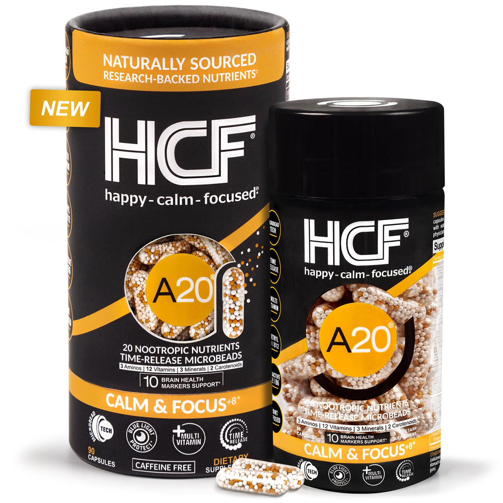 HCF A20 Microbead Brain Health Supplements for Adults for Memory, Focus, Calm, Mood, Alertness, Attention, Vision, Sleep, Immune System, 20 Premium Nootropic Nutrients Multivitamin & 7 Advances® Tech