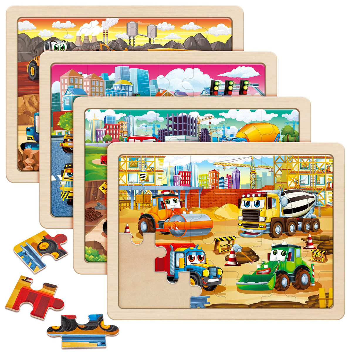 SYNARRY Large Wooden Construction Vehicle Puzzles for Kids Ages 4-6