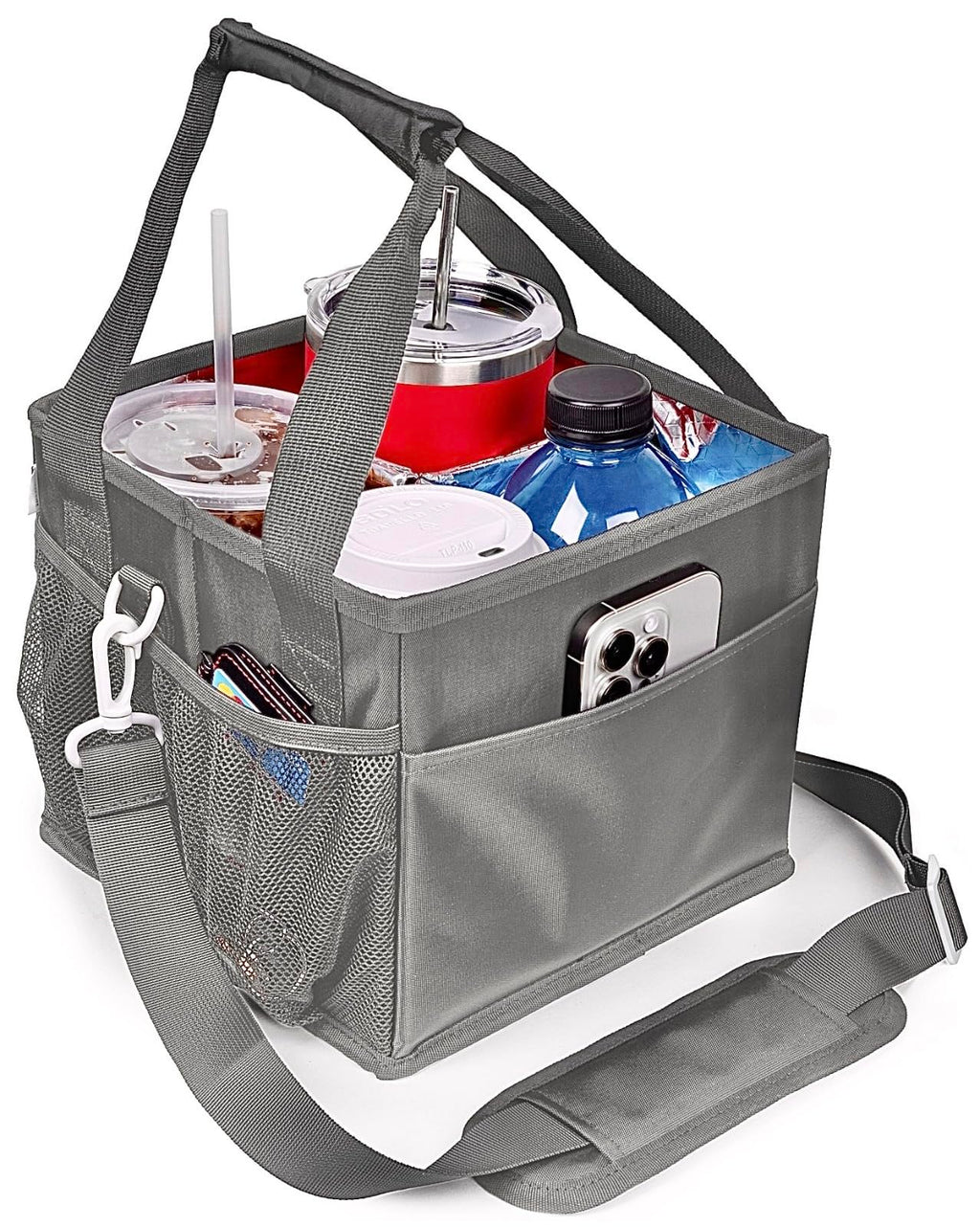 Savvy Lyfe Reusable Drink Carrier with Handle – Tip-Resistant 4 Cup Carrier with Shoulder Strap for Delivery – Insulated, Foldable, Adjustable Dividers – Portable Caddy Tote Bag, Drink Holder for Car
