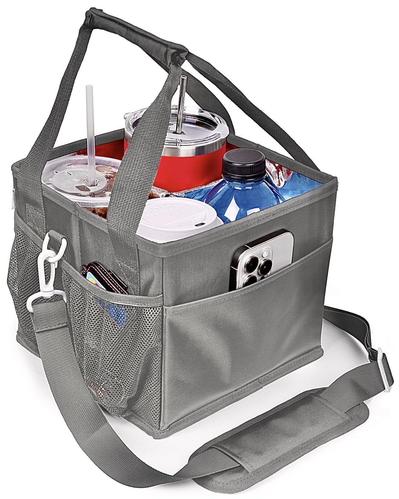 Savvy Lyfe Reusable Drink Carrier with Handle – Tip-Resistant 4 Cup Carrier with Shoulder Strap for Delivery – Insulated, Foldable, Adjustable Dividers – Portable Caddy Tote Bag, Drink Holder for Car