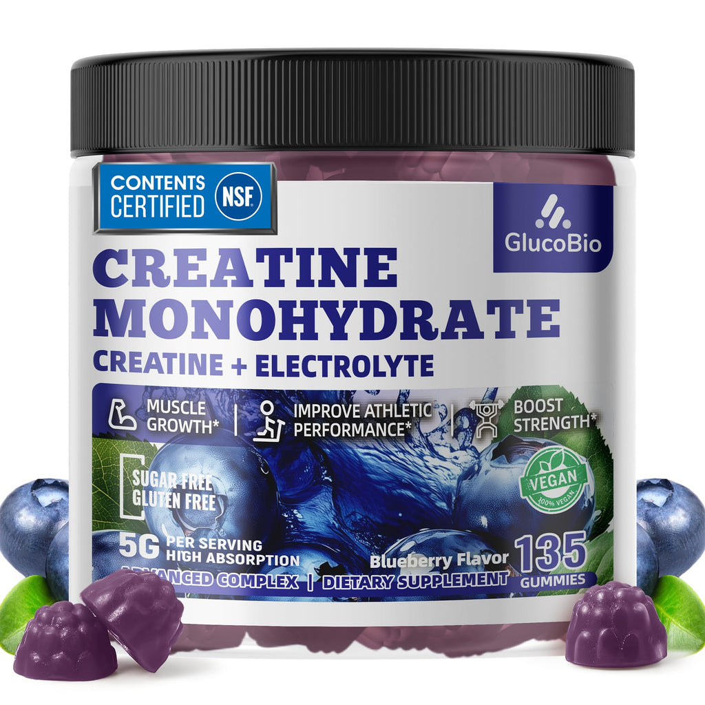 GlucoBio Creatine Monohydrate Gummies (5g) – Pre-Workout Energy & Muscle Growth Support for Men & Women | Blueberry Electrolyte Gummies (135 Count)