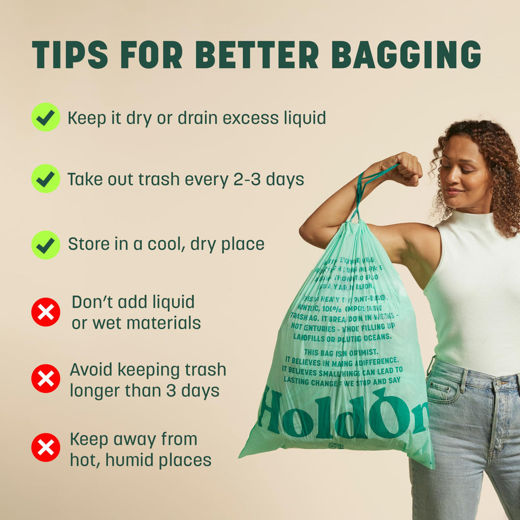 HoldOn 13-Gallon Trash Bags – Plant-based Tall Kitchen Trash Bags with Drawstring Handles for Tall Trash Bins, Heavy-duty and Compostable Large Trash Bags (40 bags)