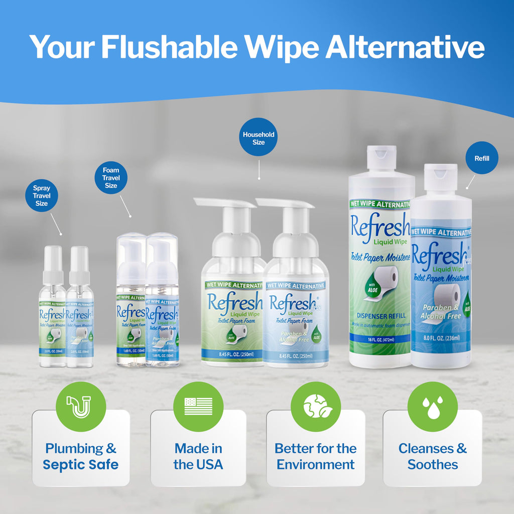 Refresh Liquid Wipe Toilet Paper Foam Refill – Flushable Wet Wipe Alternative – Cleanses & Soothes with Witch Hazel & Aloe – 8 oz Refill Bottle