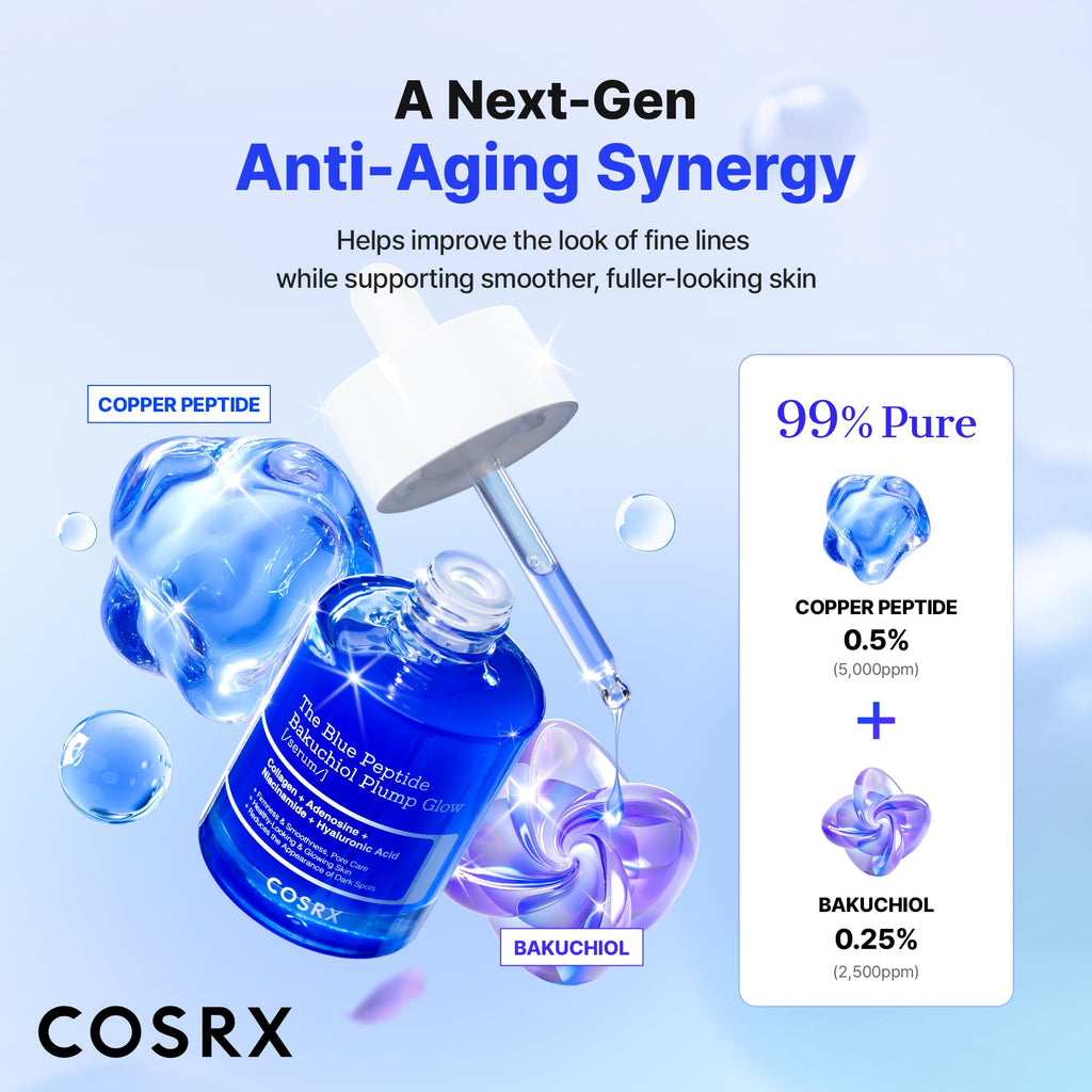 COSRX The Blue Copper Peptide Bakuchiol Serum, Glow & Plumping, 1.69 Fl Oz