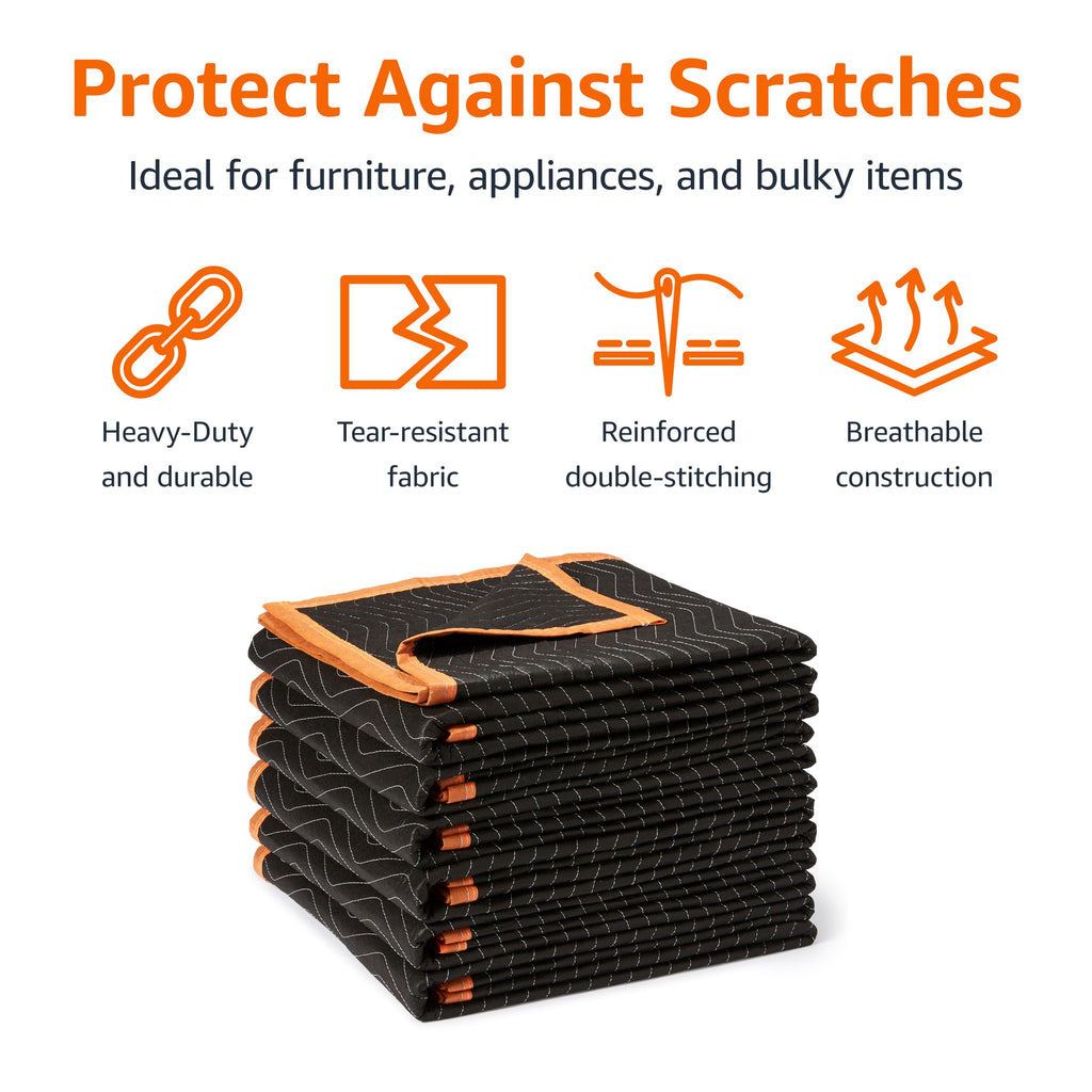 Amazon Basics Reinforced Tear-Resistant Moving Blankets, 72" x 40", Black, 6-Pack