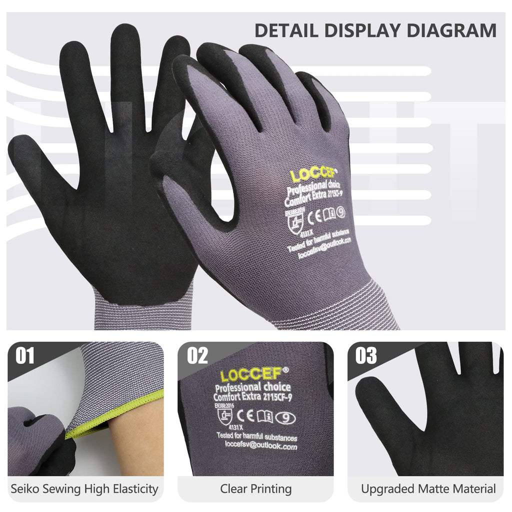 LOCCEF Work Gloves MicroFoam Nitrile Coated-6 Pairs,Seamless Knit Nylon Gloves,Gray Work gloves (Grey 36-Pairs, 10/XL)