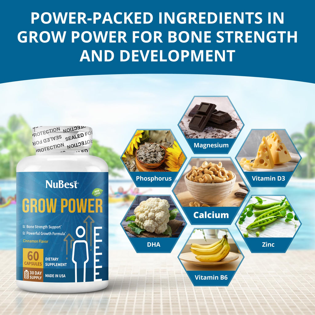 NuBest Grow Power - Calcium Supplement - Magnesium Supplement with Vitamin D3, B6, Zinc, Phosphorus and Multivitamin for Strong Bones, Overall Health for Age 10+ | Pack 3
