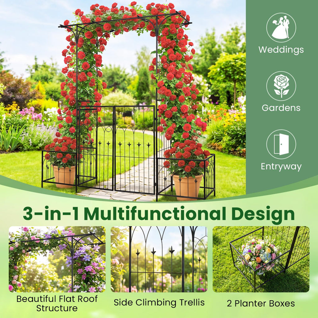Giantex 81" H Metal Garden Arbor Arch Trellis with Gate and Planter