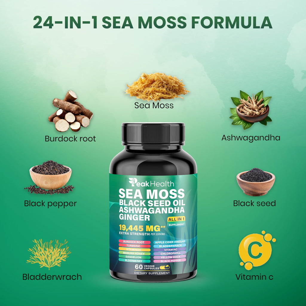 Peakhealth Shilajit Sea Moss Black Seed Oil Ashwagandha Capsules for Man Woman,2 Bottle Combo with Turmeric, Panax Ginseng, Rhodiola,19,445mg Herbal Formula,Energy & Immune Support, 60 Capsules