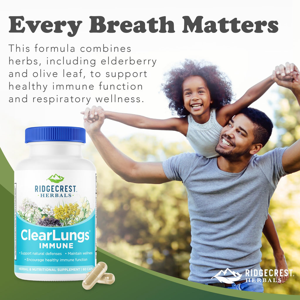 RidgeCrest Herbals ClearLungs Immune, Lung Support Supplement with Elderberry, Zinc, Vitamin C, Vitamin A, Olive Leaf, Mullein, Lung Wellness Formula for Respiratory Health (60 Vegan Caps, 30 Serv)