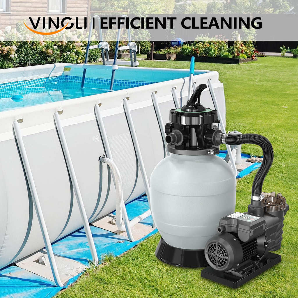 VINGLI (24H Timer) 12 in Sand Filter Pump with Filter Balls, 1585 GPH 1/2 HP High Efficiency Pool Pump with 7-Way Valve for Above Ground Swimming Pools Up to 8000 Gallons