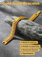 U7 Gold Bracelet for Men，14K Yellow Gold Plated Solid Mens Bracelet 12mm
