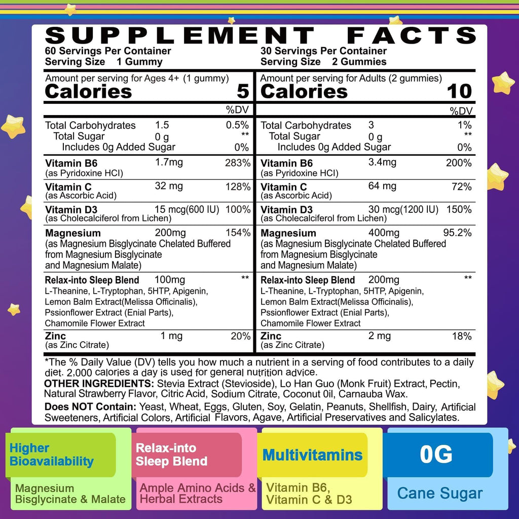 Magnesium Glycinate Gummies for Adults & Kids 4+, Sugar Free Magnesium Bisglycinate Supplement 400/200mg with B6D3, 5HTP, L-Theanine for Sleep & Relaxation, Brain, Muscle, Melatonin Free Gummies,1Pack