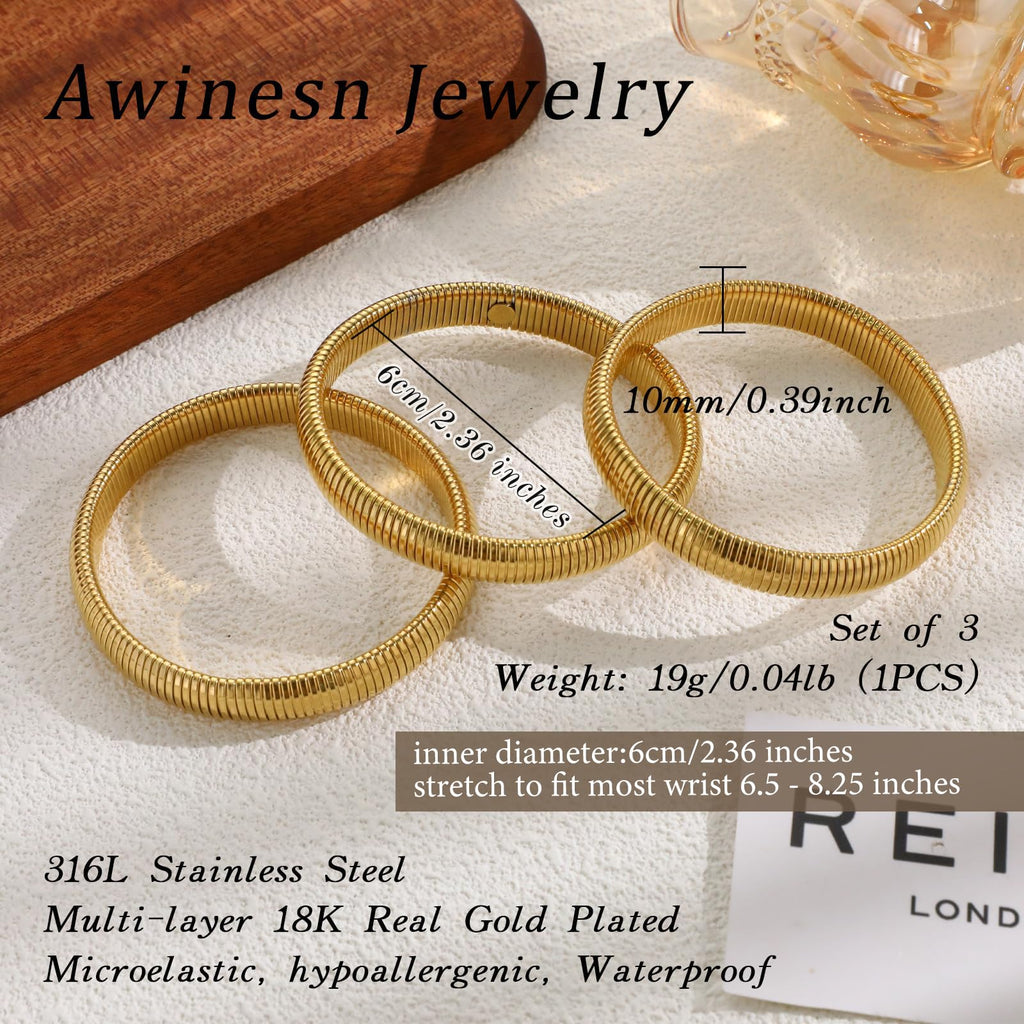 Awinesn 18K Gold Plated Bracelets for Women Gold Bangles for Women Chunky Bangle Bracelets Bracelets Stack Tarnish Free Bangle Set of 3 Accessories for Her Gifts