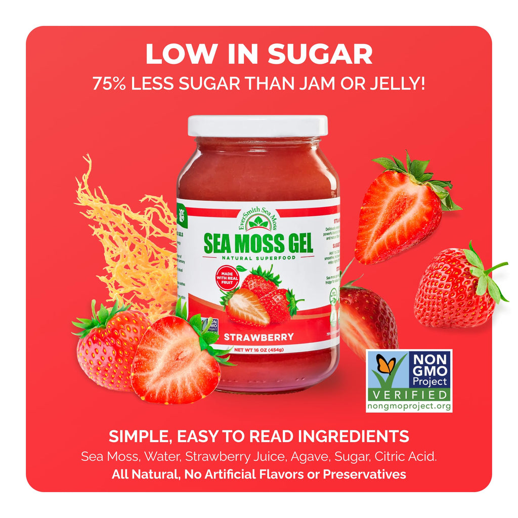 EverSmith Organics - Wildcrafted Irish Sea Moss Gel | Made in USA | Rich in Vitamins & Minerals | Sea Moss Gel Raw | Nutritional Supplement | Strawberry (16 oz)