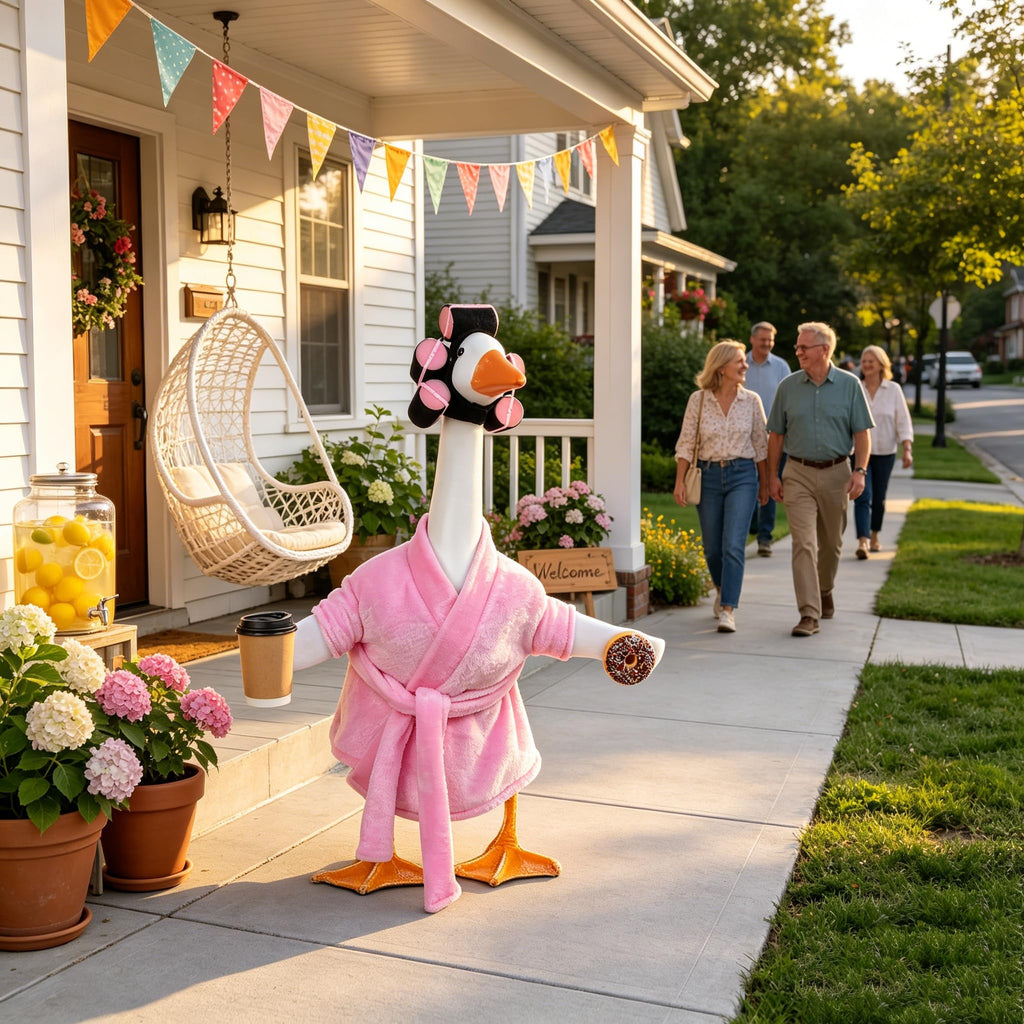yuboo 23 Inch Pink Lady Porch Goose Outfits, Bathrobe Porch Goose Statue Costume with Cute Curlers and Coffee Cup, Funny Summer Lawn Yard Garden Patio Decor, Cute Goose Clothes Cement