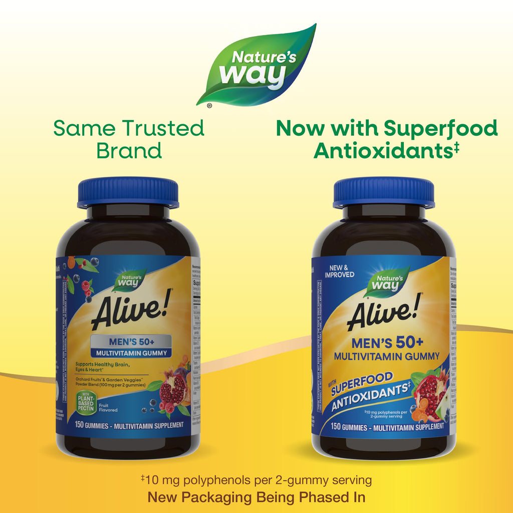 Nature's Way Alive! Men’s 50+ Daily Gummy Multivitamins, Supports Healthy Brain, Eyes, Heart*, B-Vitamins, Gluten-Free, Fruit Flavored, 150 Gummies (Packaging May Vary)