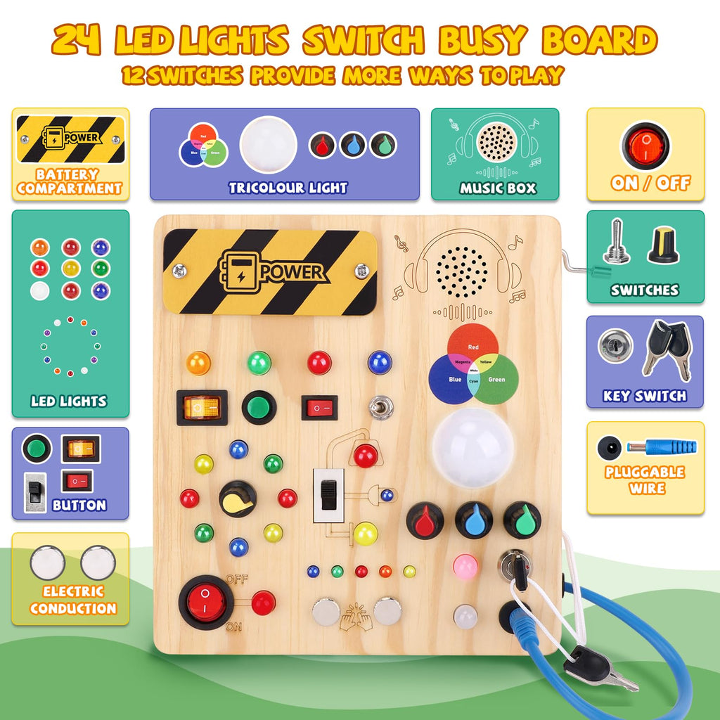 Iabedi Busy Board,Montessori Toys for 1-3 Years Old, Wooden Toddler Toys, Autism Sensory Travel Toy, Ideal Gift for 1+ Year Old Boys (Busy Board v4)