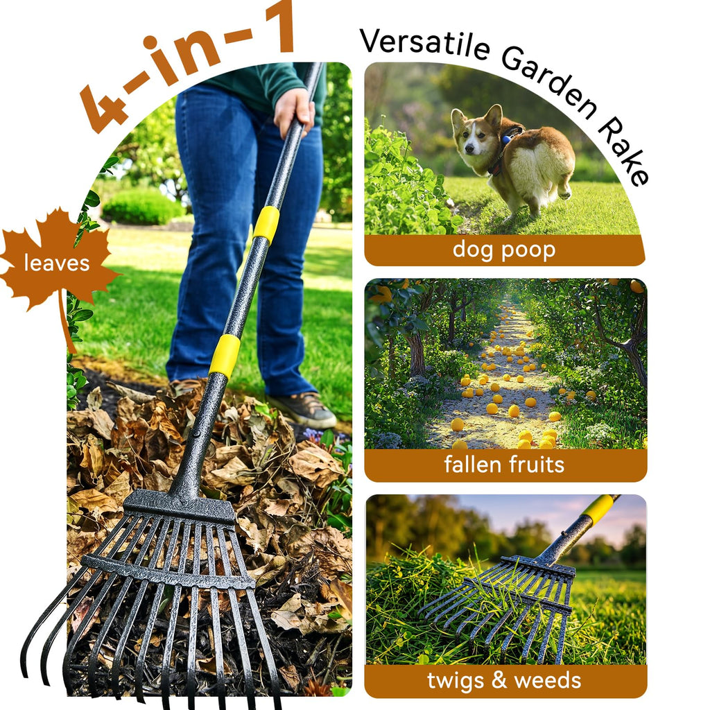 Rake, Garden Leaf Rakes for Lawns Heavy Duty, Yard Metal Rake Tools with 9" Small Narrow Rake Head, 65” Adjustable Long Handle, 11 Steel Tines, Quick Clean up Rake for Shrub, Flower Bed, Camping