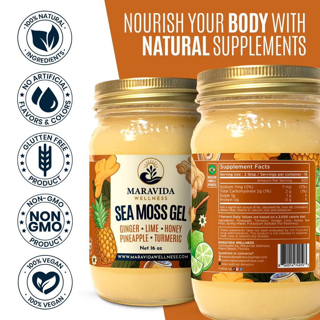 Maravida Wellness Sea Moss Gel – Pineapple, Lime, Honey, Ginger & Turmeric – 100% Natural Raw Organic Irish Moss – 16oz Jar – Premium Superfood for Everyday Wellness