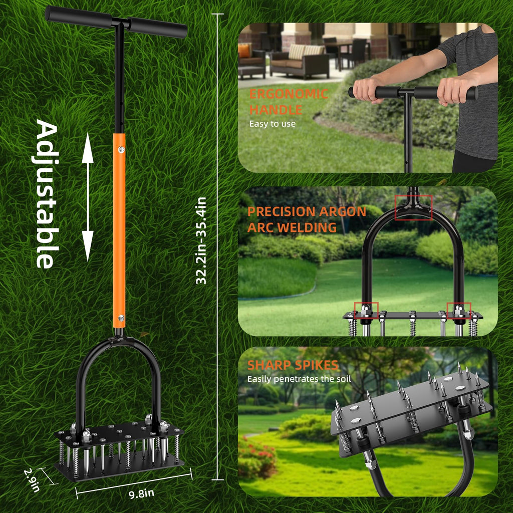 GAINO Manual Lawn Aerator Tool with 15 Spikes, 32"-35" Adjustable T-Handle Aerator for Lawn, Automatic Dirt Ejection Design, Heavy Duty Yard Grass Aerator for Soil Compaction, Black & Orange