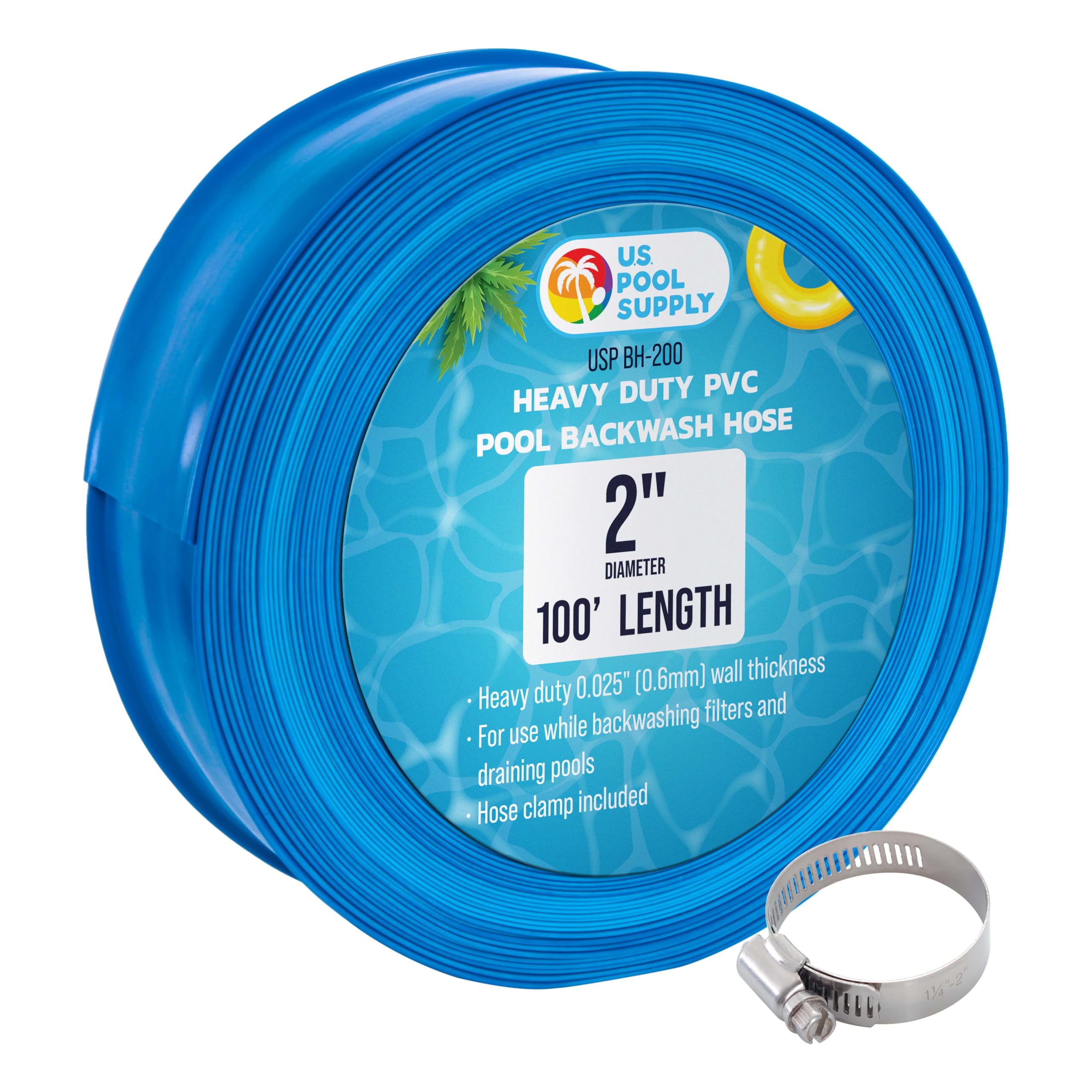 U.S. Pool Supply Pool Backwash Hose 2" x 100', Pool Drain Hose, Drainage Hose, Sump Pump Discharge Hose, Heavy-Duty Inground Pool, Flexible Lay Flat Filter Pump Draining, Clamp