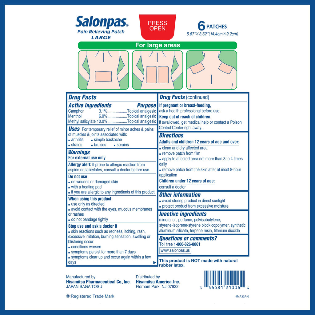Salonpas Pain Relieving Patch, Large, 6 Count, for Back, Neck, Shoulder, Knee Pain and Muscle Soreness, 8 Hour Pain Relief