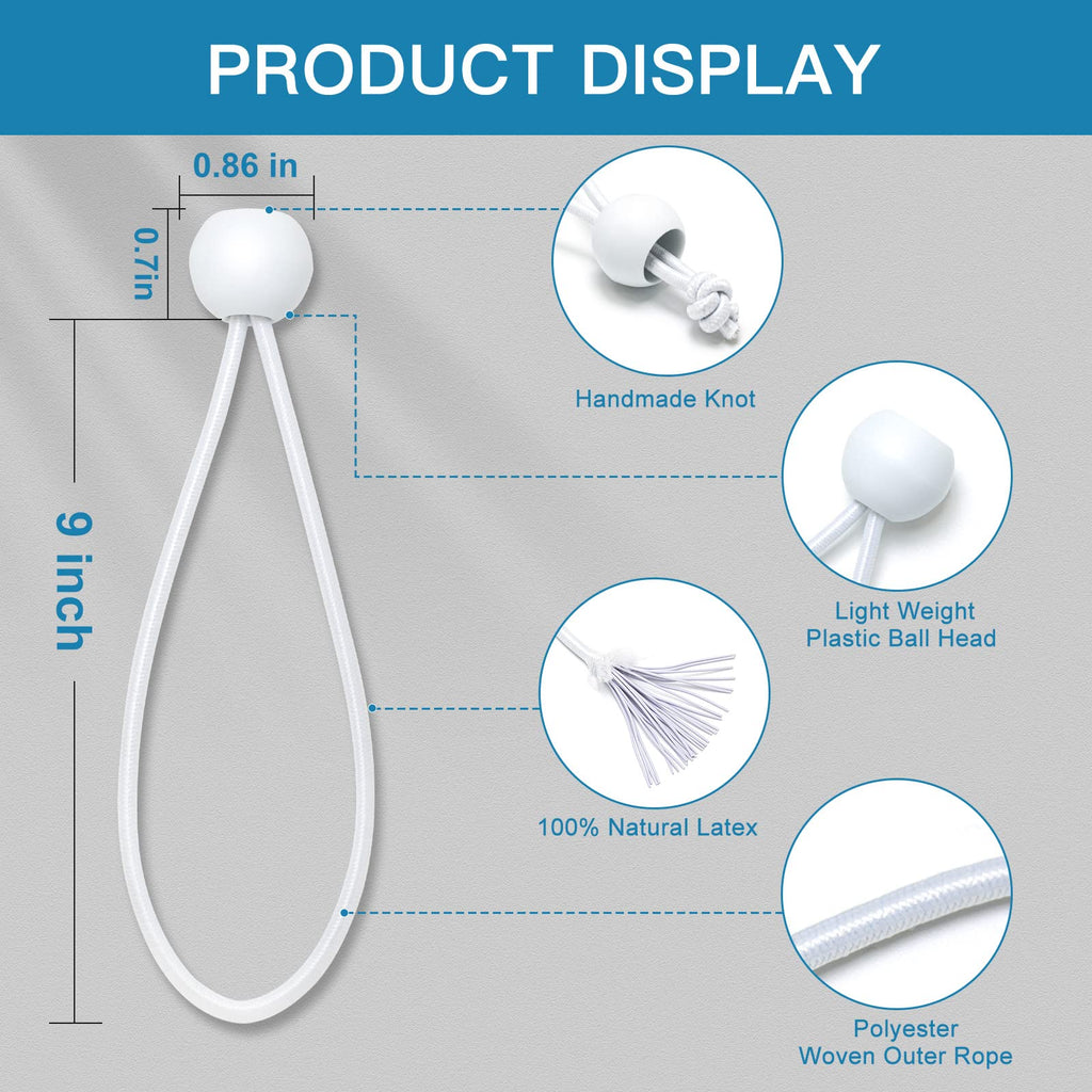 Bungee Balls 9 Inch, 50 PCS White Tarp Bungee with Balls Heavy Duty Tarp Tie Downs for Camping, Shelter, Cargo, Projector Screen, Tent Poles with UV Resistant