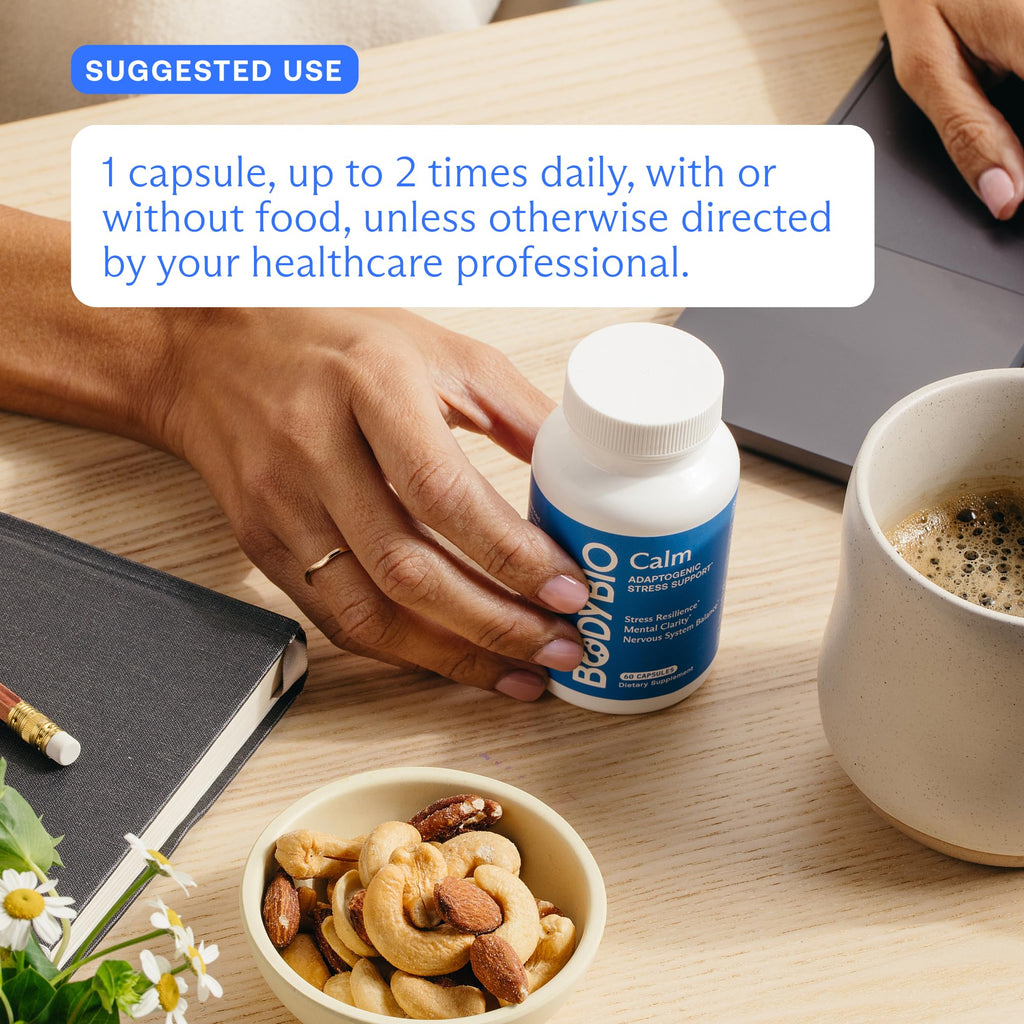 BodyBio Calm - Natural Stress Relief Blend with Rhodiola, Glycine & Phosphatidylserine - Supports Relaxation, Mental Focus & Balanced Cortisol - Non - Drowsy Formula 60 Capsules