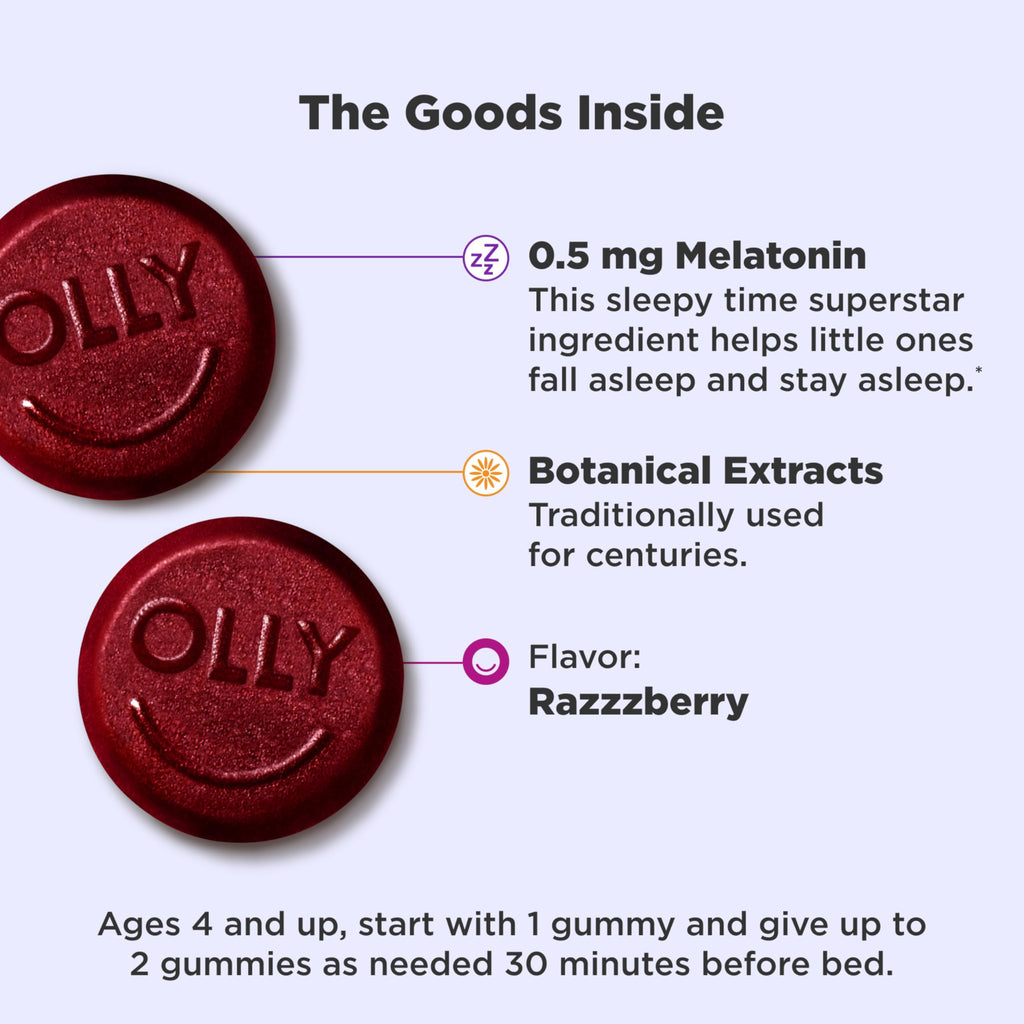 OLLY Kids Sleep Gummy, Occasional Sleep Support, 0.5mg Melatonin, L Theanine, Chamomile, and Lemon Balm Extracts, Childrens Chewable Supplement, Raspberry Flavor - 90 Count