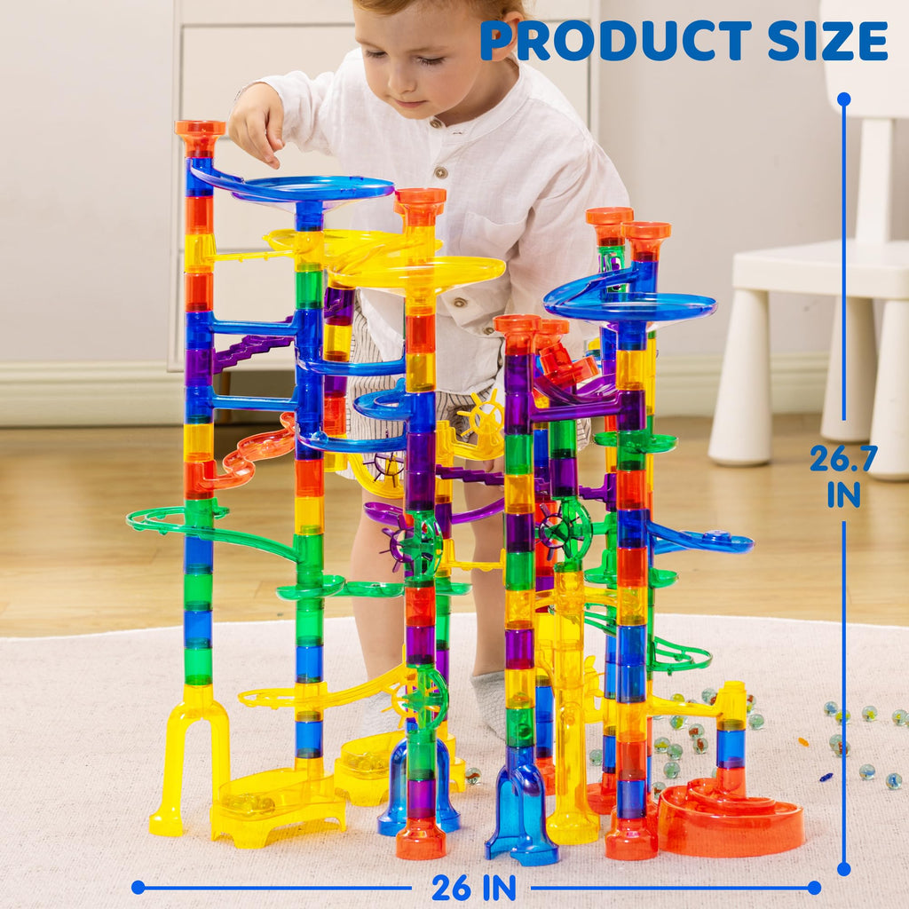 JOYIN 207Pcs Glowing Marble Run, Construction Building Blocks Toys with 5 Glow in The Dark Glass Marbles, STEM Toy for Boys and Girls, Educational Toy(147 Plastic Pieces + 60 Glass Marbles)