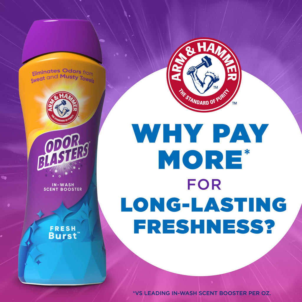 ARM & HAMMER Odor Blasters In-Wash Laundry Scent Booster, Eliminates Tough Odors, Fresh Burst Scent, 24 oz Bottle (Pack of 4)