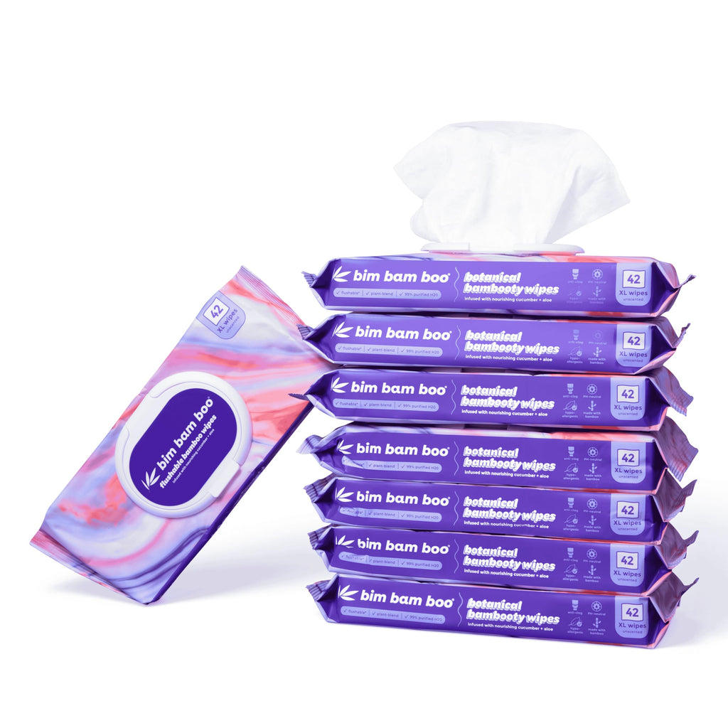 Bim Bam Boo | Flushable Wet Wipes | 100% Plant Based | Extra-Large Size Durable Bamboo | Body Safe, Smooth on Skin, Hypoallergenic | 42 Wipes Per Pouch - 8 Pouches | 366 Total Wipes