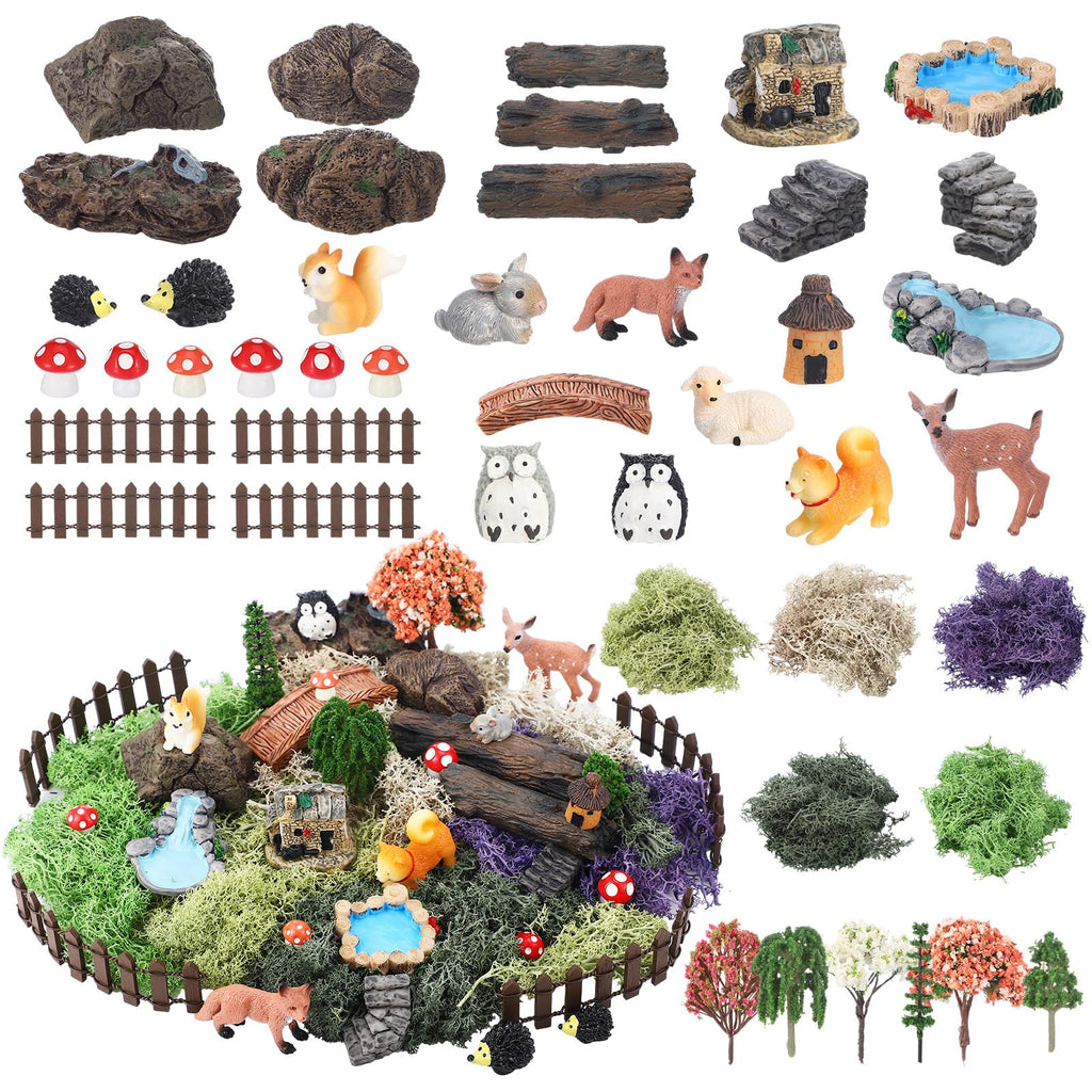 Chunful 45 Pcs Adult Fairy Garden Accessories Miniature Garden Figurines Tiny Resin Animals Forest Kit Pool Bridge Fence Pond Mushroom for Potted Plant Bonsai Terrarium Decor