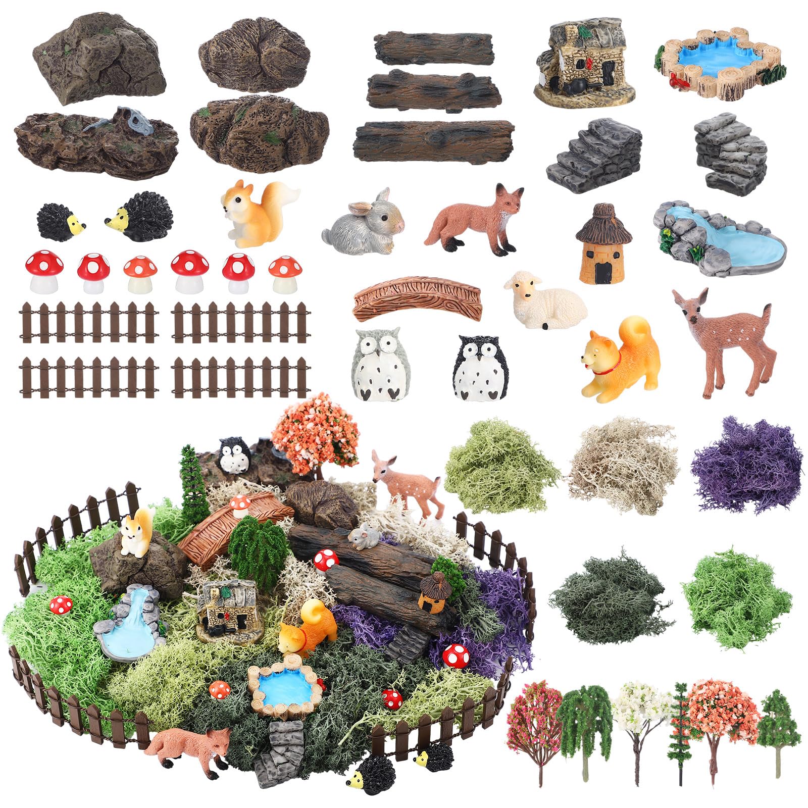 Chunful 45 Pcs Adult Fairy Garden Accessories Miniature Garden Figurines Tiny Resin Animals Forest Kit Pool Bridge Fence Pond Mushroom for Potted Plant Bonsai Terrarium Decor