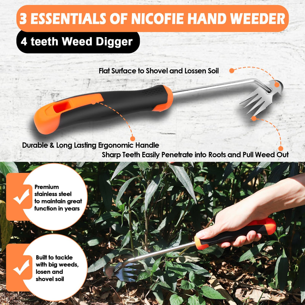 Nicofie 2025 Hand Weeder Tool, Rubber Handle Manual Weeder Puller Tool, Uprooting Weeding Tools, Crack Weeder Crevice, 4 Teeth Weeding Tool, Weeding Artifact Tool for Gardening (2 Pcs)