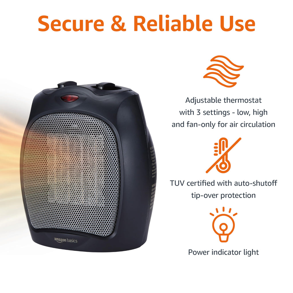 Amazon Basics Ceramic Space Heater, Portable Indoor Heating Solution, With Overheat and Tip-Over Protection, Thermostat, Non-Oscillating, 1500W, 7.52"D x 6.34"W x 9.45"H, Black