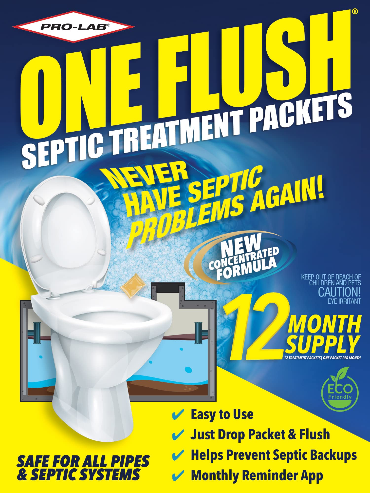 One Flush Septic Tank Treatment Packets - 1 Year Supply of Dissolvable Septic Tank Treatment Packets - Use Septic Treatment Enzymes Packets Monthly to Prevent Expensive Septic System Backups 12 Count