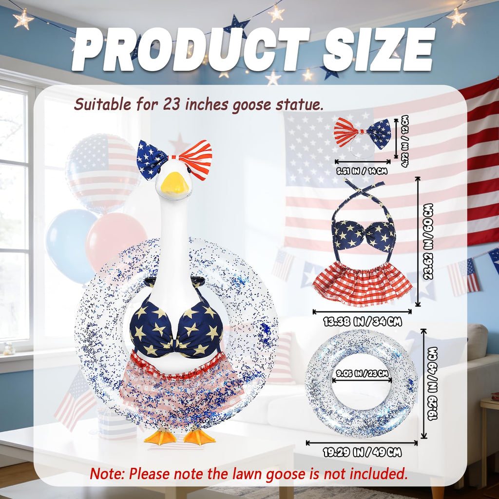 APHIUFR 4th of July Porch Goose Outfits,3 Pcs Goose Outfit Set with Bow Headband,Bikini Skirt and Swim Ring,Fits 23-Inch Lawn Goose Statue,Patriotic Porch Goose Clothes for Yard Garden Patio Decor