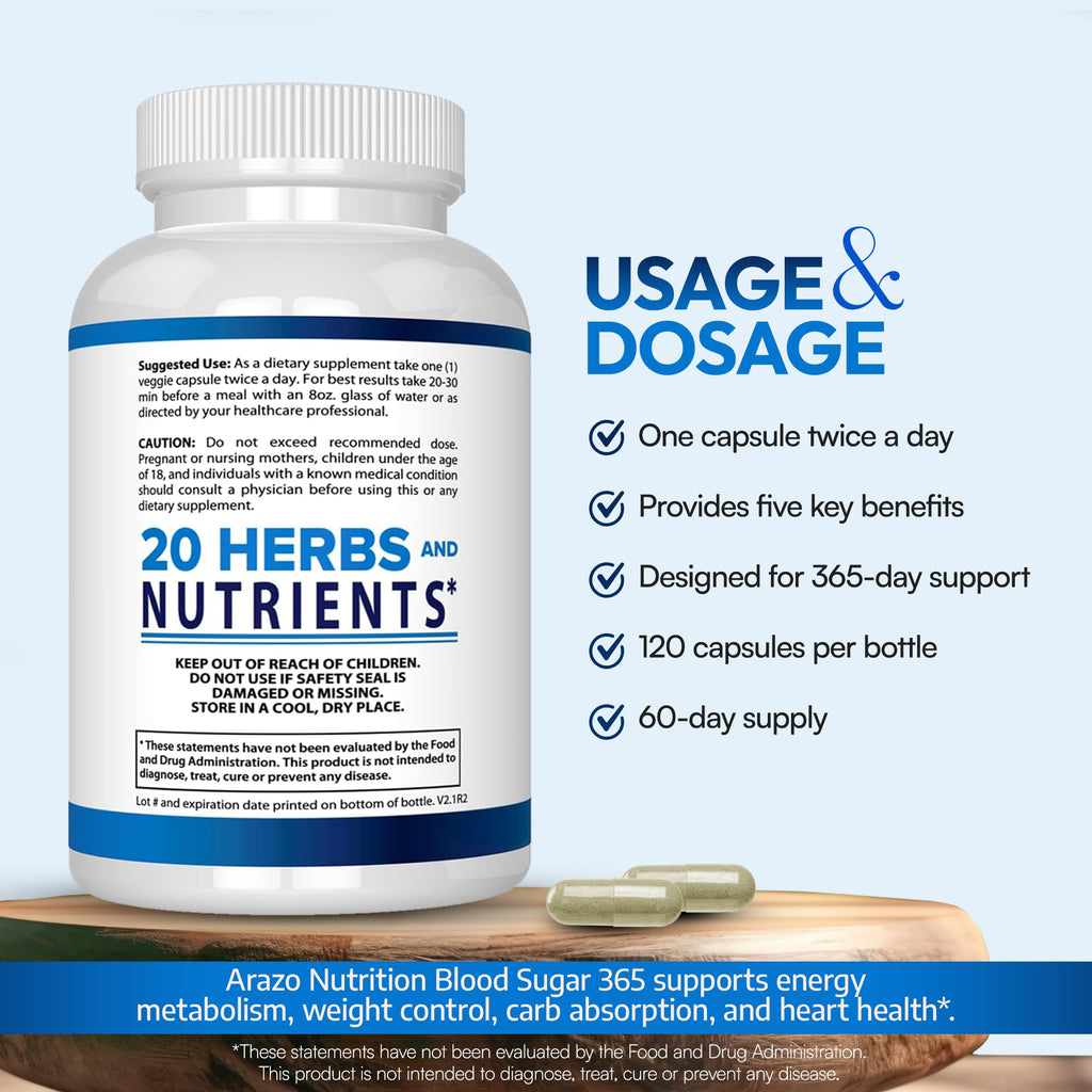 Arazo Nutrition Blood Sugar 365 Supplement – Supports Healthy Energy Levels - 120 Herbal Pills - 60 Day Supply