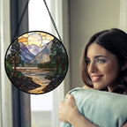 AMDERVEN Stained Glass Window Hanging, Sunset Mountains Lake Tree Sun Catcher for Window Home Decor Landscape Suncatcher Mother's Day Birthday Gifts for Women Men Mom and Nana 11.8 in