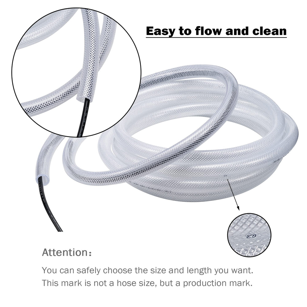 DAVCO 1/2" ID - 10 ft Heavy Duty Braided Clear Plastic Vinyl Tubing, Flexible High Pressure Reinforced PVC Plastic Tube Hose, Non-toxic, BPA Free, with 2 Stainless Clamps