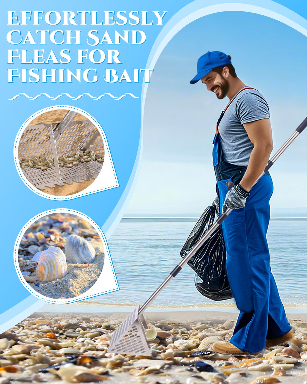 Sand Flea Rake 16" Wide - Detachable 54" Handle with Shark Tooth Screen