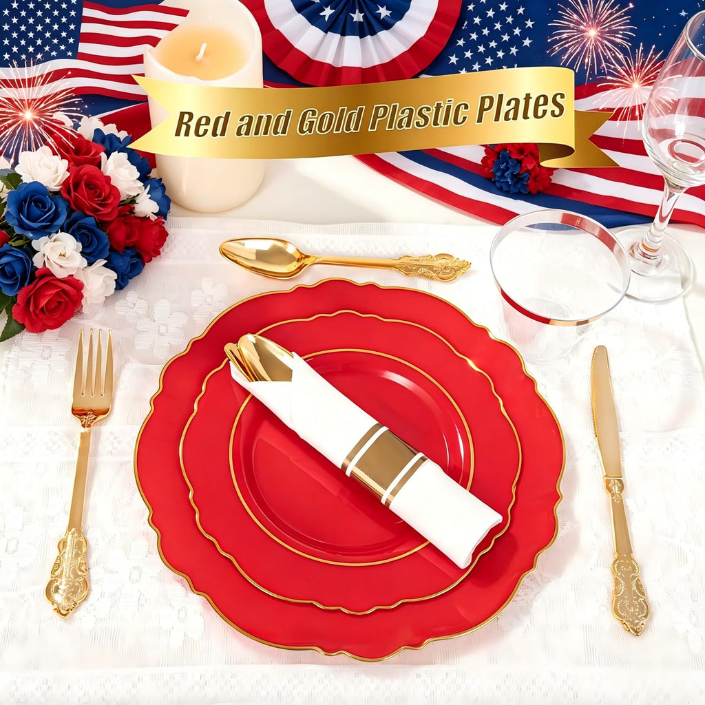 Liacere 350PCS Red Plastic Plates - Red Disposable Plates With Gold Rim - 50Guest Baroque Plastic Dinnerware include 100Plates-50Pack Pre Rolled Napkins with Silverware 50Cups for Independence Day