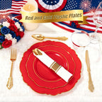 Liacere 350PCS Red Plastic Plates - Red Disposable Plates With Gold Rim - 50Guest Baroque Plastic Dinnerware include 100Plates-50Pack Pre Rolled Napkins with Silverware 50Cups for Independence Day