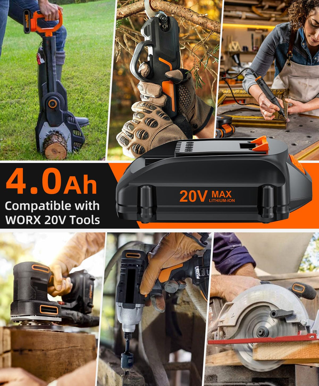 Upgraded 4.0Ah WA3525 20V Battery Replacement for WORX Battery 20V Power Share Max 20V Lithium-ion Battery Compatible with WORX 20V Battery WA3575 WA3520 WG151s WG891 Leaf Blower Tools Batteries