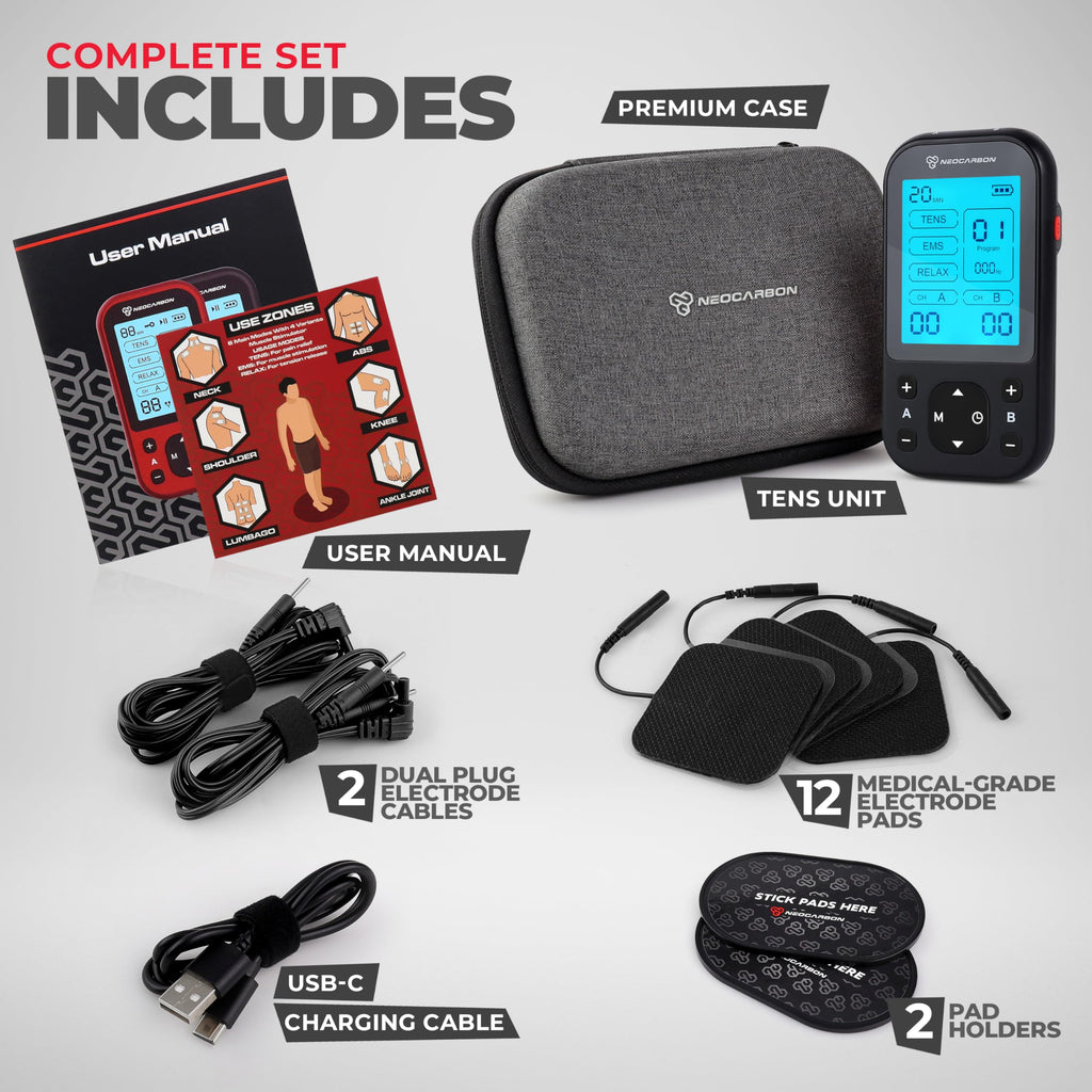 NEOCARBON TENS Unit Muscle Stimulator Pro for Back Pain Relief, Shoulder Recovery and Physical Therapy, Electronic EMS Massager Machine with PMS Pulse for Effective Shock Therapy, Black