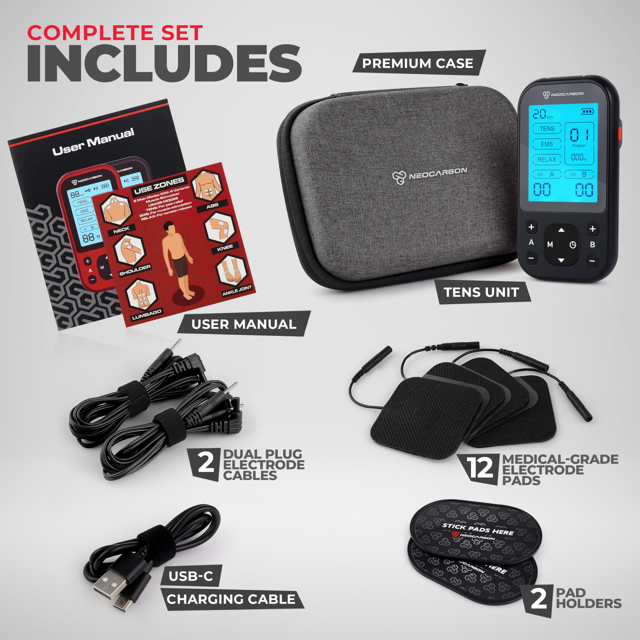 NEOCARBON TENS Unit Muscle Stimulator Pro for Back Pain Relief, Shoulder Recovery and Physical Therapy, Electronic EMS Massager Machine with PMS Pulse for Effective Shock Therapy, Black