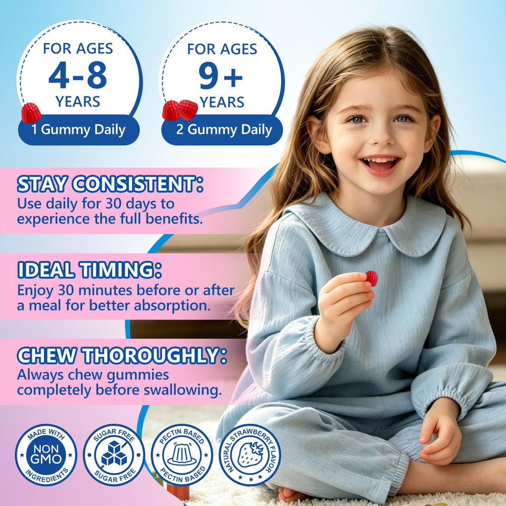 Sept Yan Saffron Gummies Kids with Magnesium L-Theanine Vitamin D3 B6 B12 Saffron for Kid Focus Mood Support Natural Saffrons Extract Supplement for Active Children Calm 60 Count Strawberry Sugar Free
