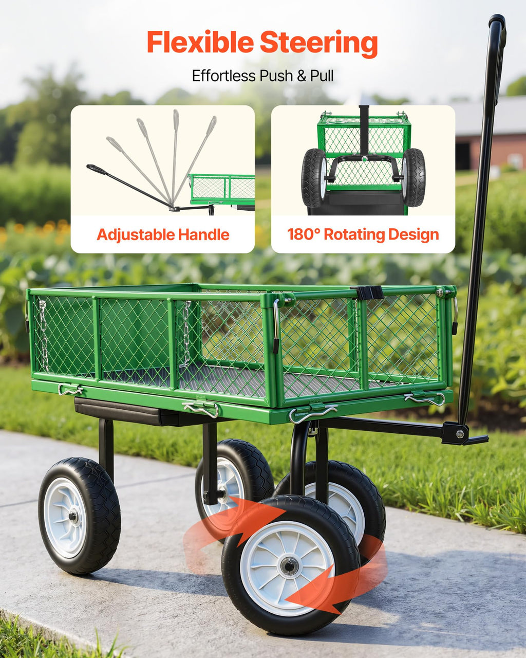 VEVOR 500 LBS Steel Garden Cart with Work Seat, Heavy Duty Garden Wagon Cart on Wheels, Outdoor Metal Utility Yard Wagon Gardening Stool with 10inch Flat Free Tires & Adjustable Handle, Green